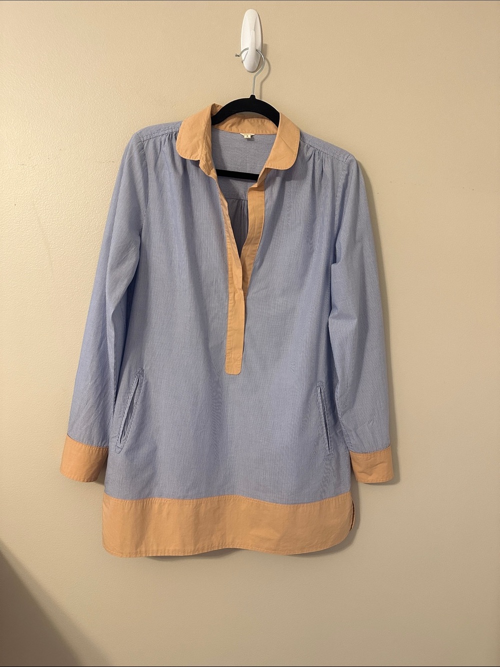 J. Crew Womens Cotton Blue & White Striped Tunic Top Peach Trim Sz Small Coastal
